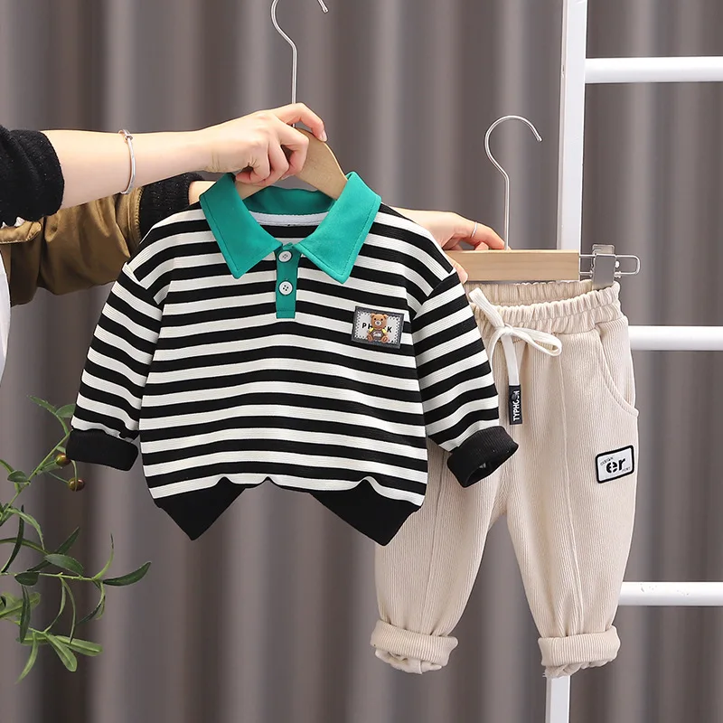 

Toddler Spring Outfit 2024 Designer Baby Boy Clothes 1 To 2 Years Cartoon Striped Turn-down Collar T-shirts Pants Kids Boys Suit