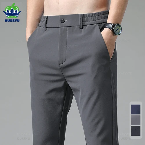 Imagen 1 del producto Pantalones informales para hombre, pantalón grueso, elástico, ajustado, cintura elástica, estilo coreano clásico, negro, gris, azul, Otoño e Invierno