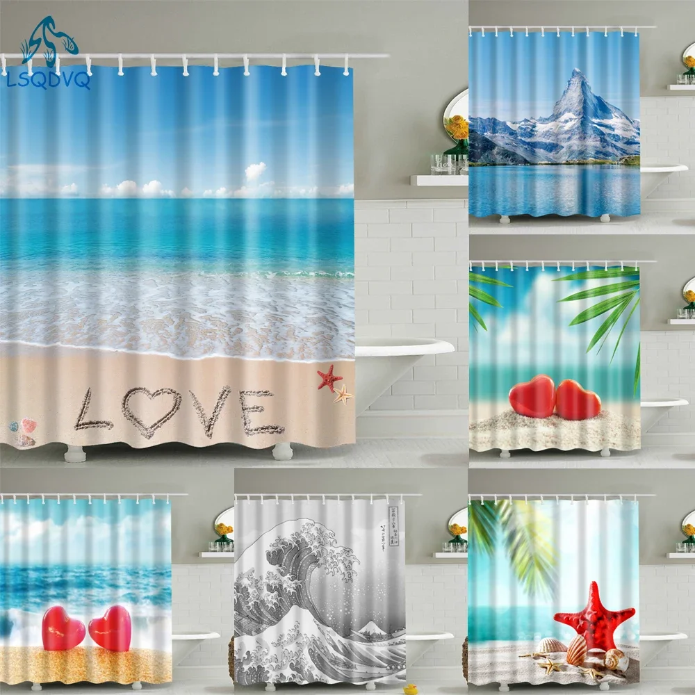 Tropical Beach Vacation Landscape Shells Scenic Bathroom Curtain Shower Curtains Waterproof Polyester Frabic with Hooks