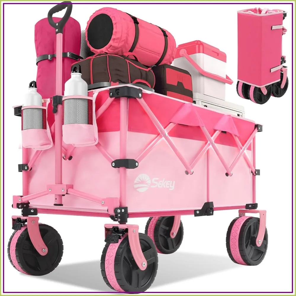 220L Heavy Duty Foldable Wagon Cart with All-Terrain Wheels, Collapsible for Camping, Garden, Sports, Pink