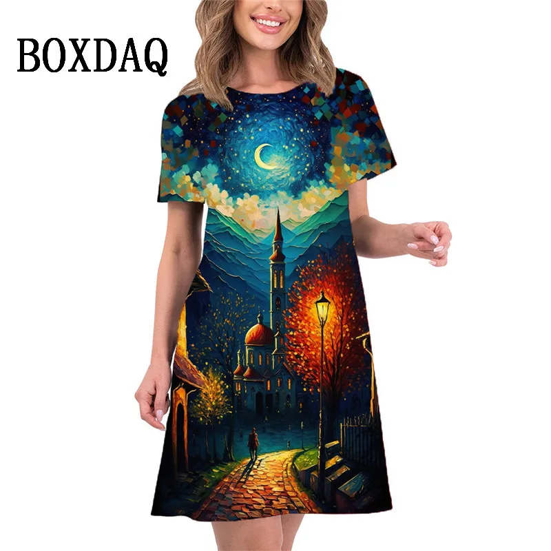 Vestido de verano de manga corta con estampado 3D para mujer, minivestido holgado, informal, elegante, con paisaje de árbol, a la moda