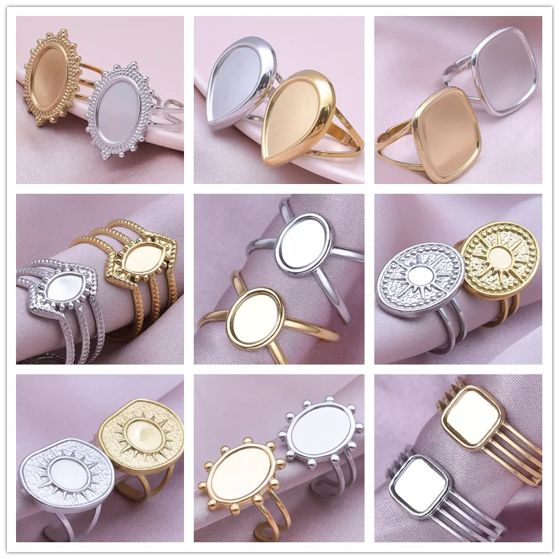 Moda DIY kroplówka oleju Rhinestone okrągłe owalne kropelki wody puste ustawienia otwarte regulowany pierścień ze stali nierdzewnej dla kobiet prezent dla mężczyzny