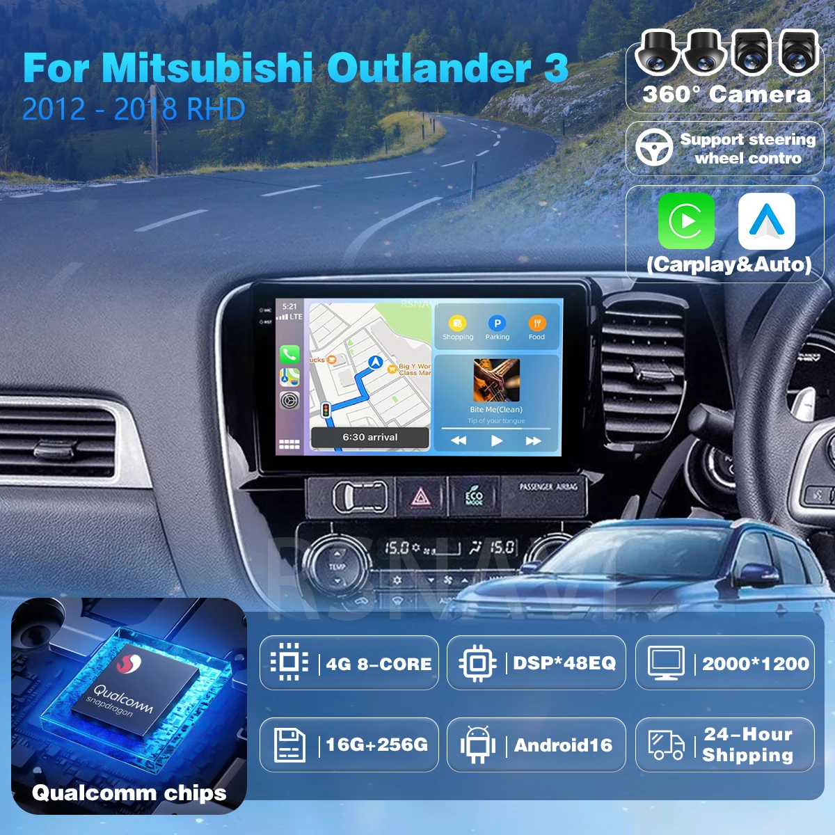 Radio Multimedia para Auto con Android 16 y Carplay para Mitsubishi Outlander 3 RHD 2012-2018, Autoradio GPS Estéreo 2din