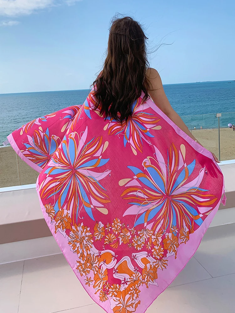 New Women Hijab Bikini Cover Up Silk Scarf Sweet Floral Print Bohemian Femme Bandana Scarve Sarong Beach Holiday Long Wrap Shawl