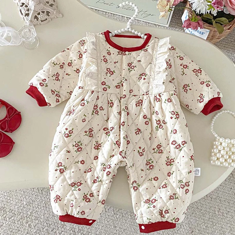 2025 New Winter 0-24M Children Clothes Infant Baby Girls Jumpsuit Long Sleeved Print Toddler Baby Girl Thicken Warm Romper