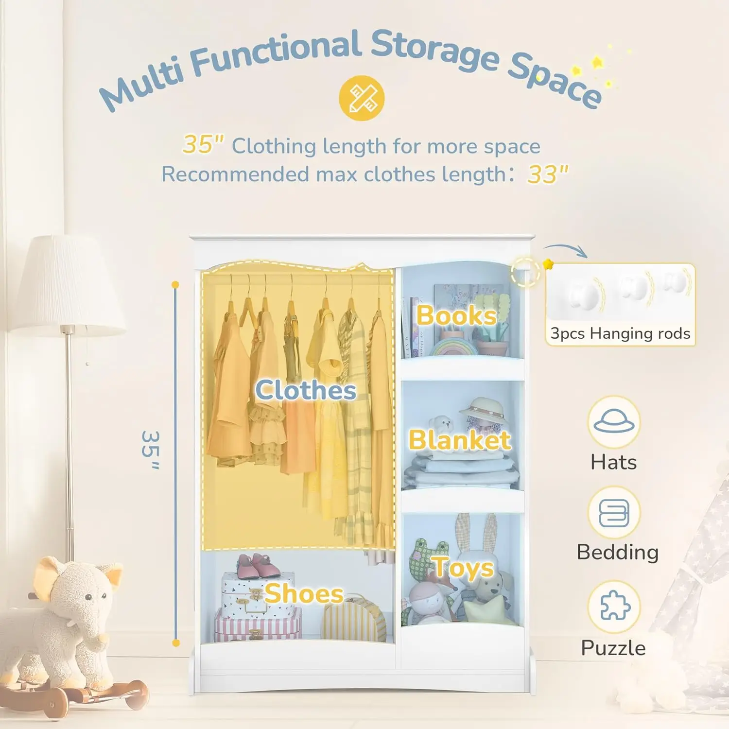 مساحة تخزين للأطفال مع مرآة زهور، وخزانة ملابس مفتوحة، باللون الأبيض