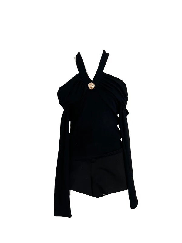 

Sexy Chic Metal Knot oulder Long Sve T-irt Women's Base Layer Top High Waist Design Daily Wear Autumn Season