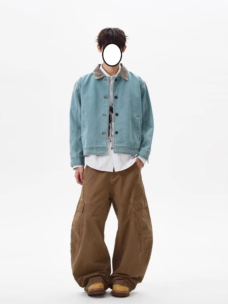 Mens Jacket Vintage Streetwear Peacock Green Short Coat Retro American Workwear Style Button Up Design Loose Fit Casual Fashion