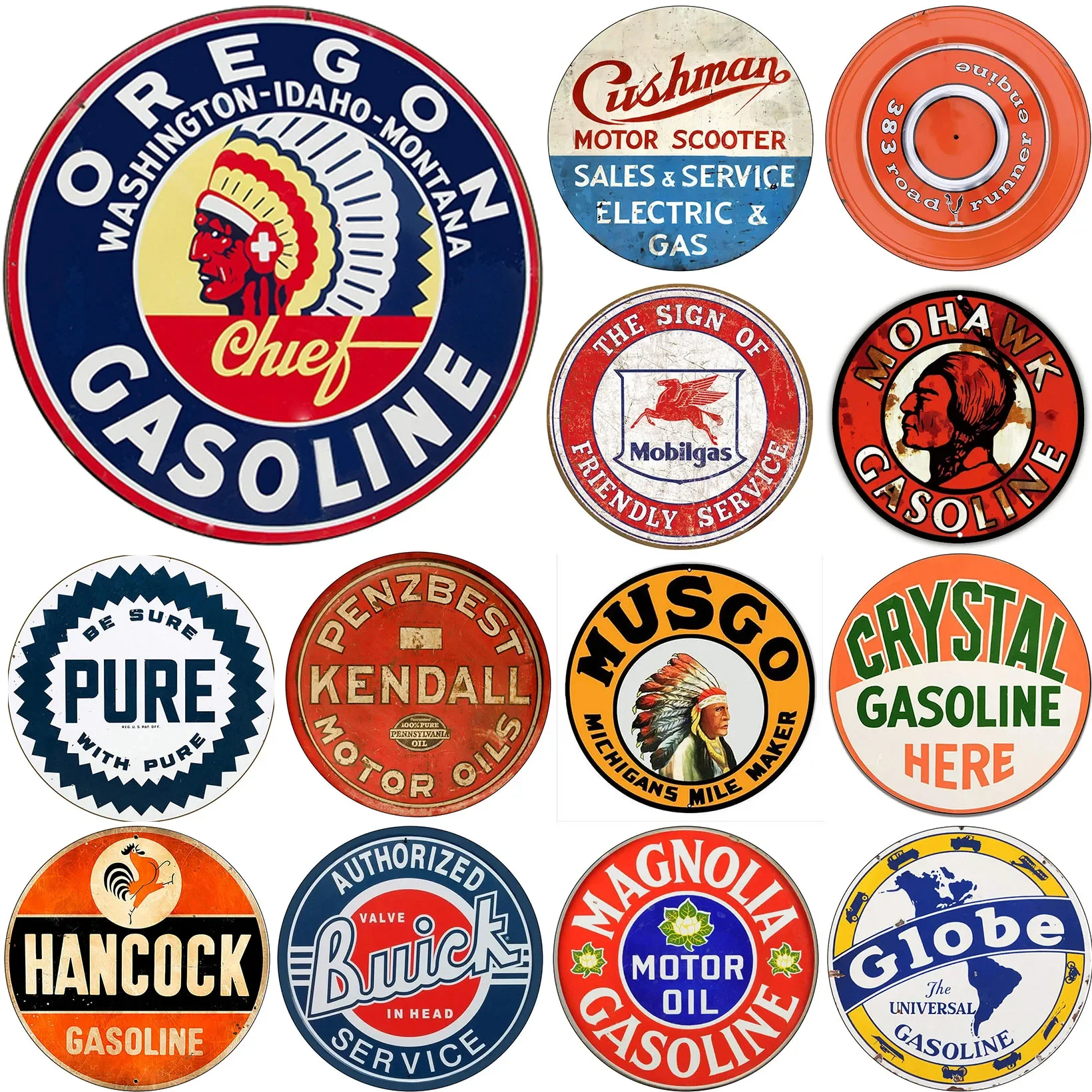 Pure Gas Motor Oil Retro Round Metal Tin Signs Nostalgic Iron Painting Novelty For Cafe Bar Garage Bar Kitchen Garden Wall Decor