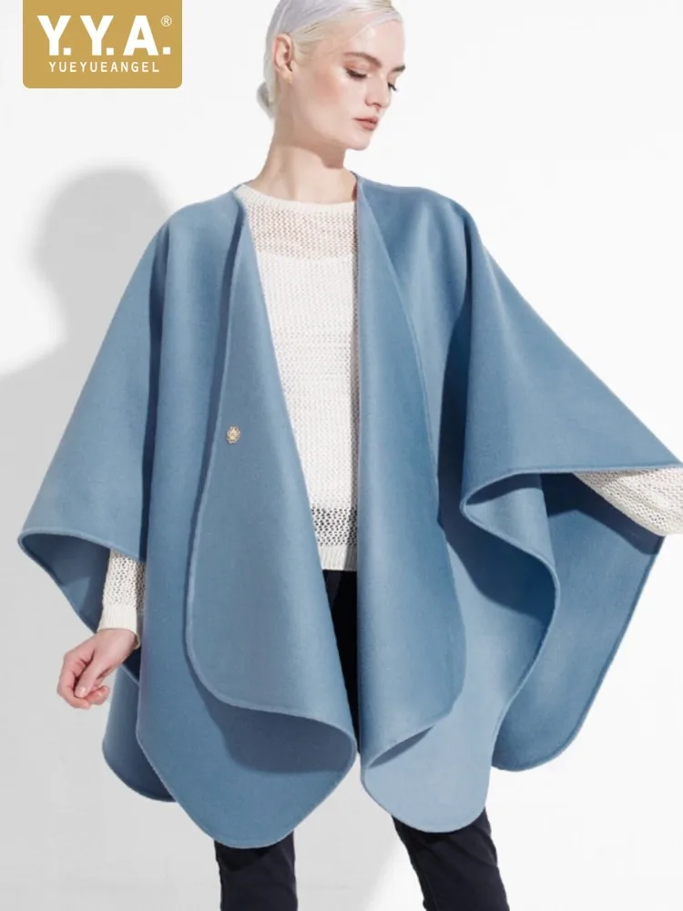 Elegant Office Ladies Woolen Jacket Fashion Designer Loose Fit Solid Color Asymmetrical Medium Long Fashion Women Cloak Coat