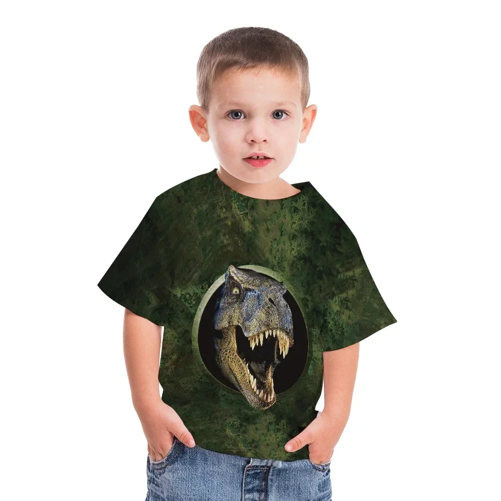 Camiseta infantil com gola redonda, pequeno padrão de dinossauro, manga curta respirável solta, venda quente para meninos, popular, verão