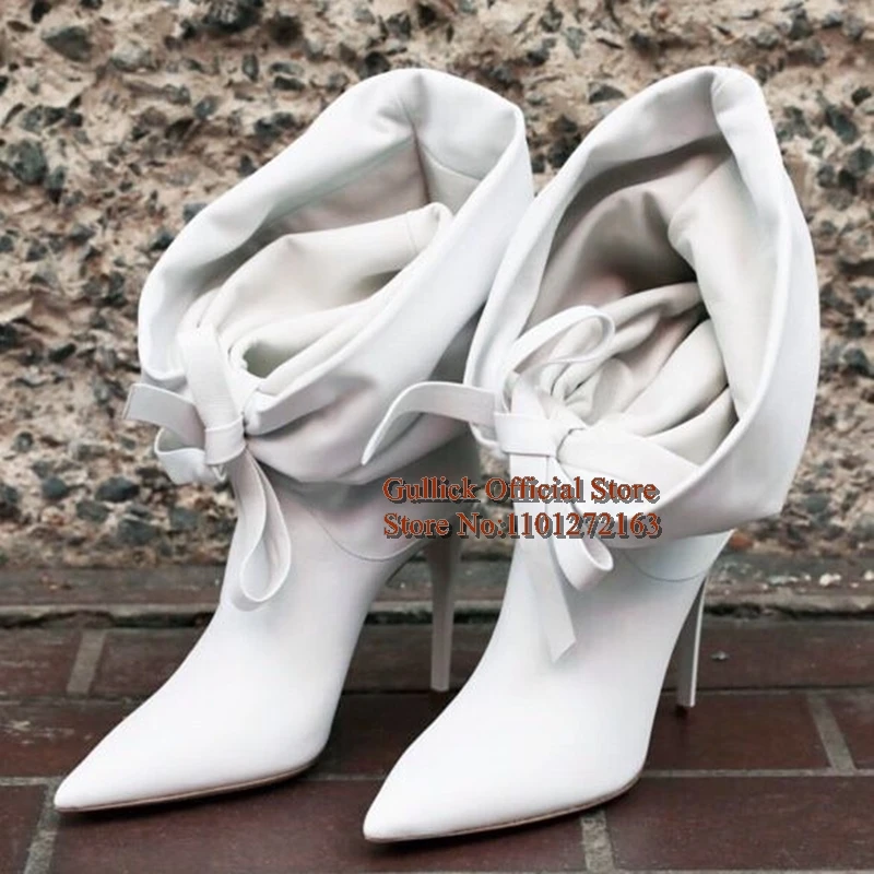 Newest White Piled Collar Butterfly-Knot Ankle Boots Matte Leather Turn-Over Pleated Pointed Toe Slip-On Thin Heels Women Shoes