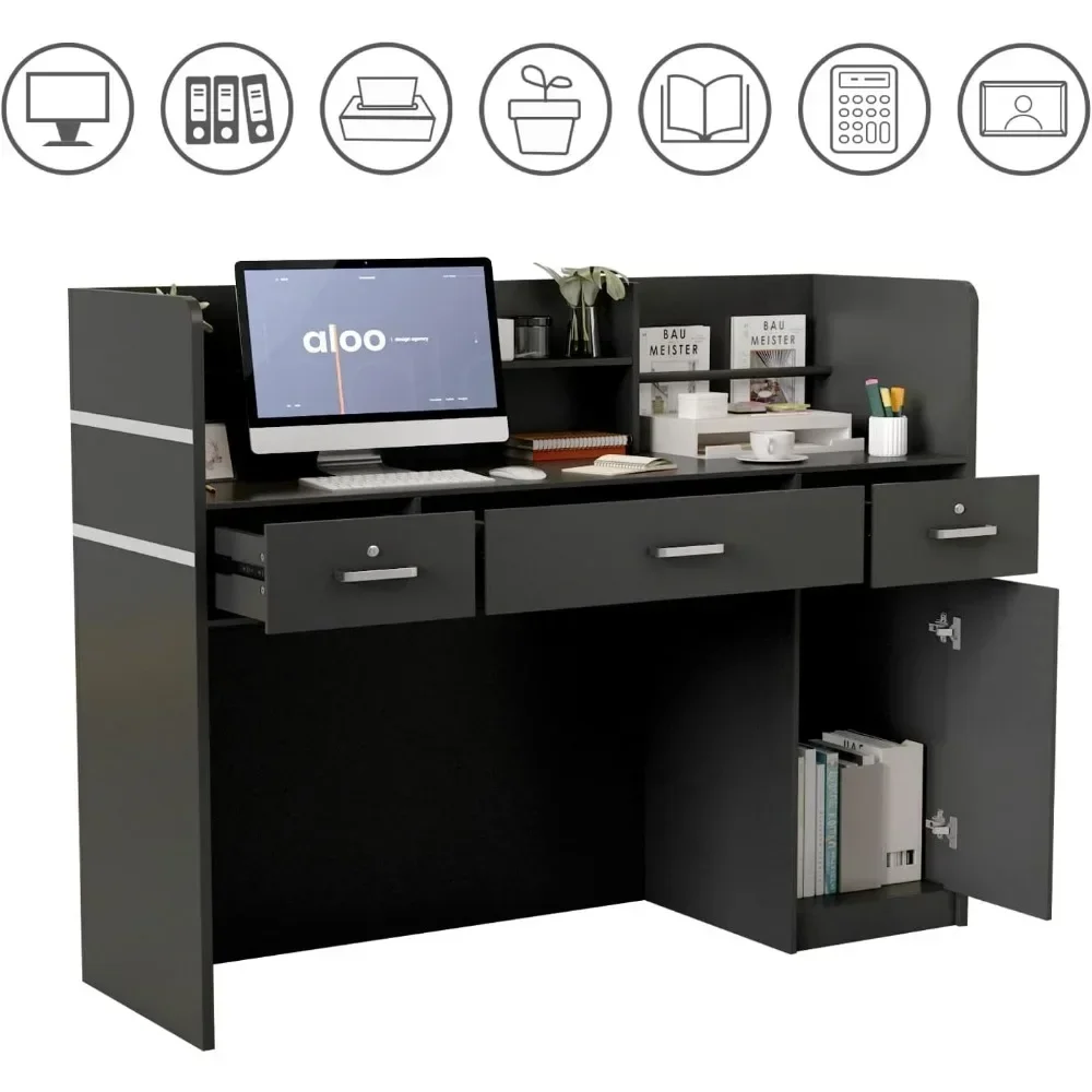 Reception Desk Reception Stations With Open Shelf & Drawers, Wooden Counter Desk With Lockable Drawer