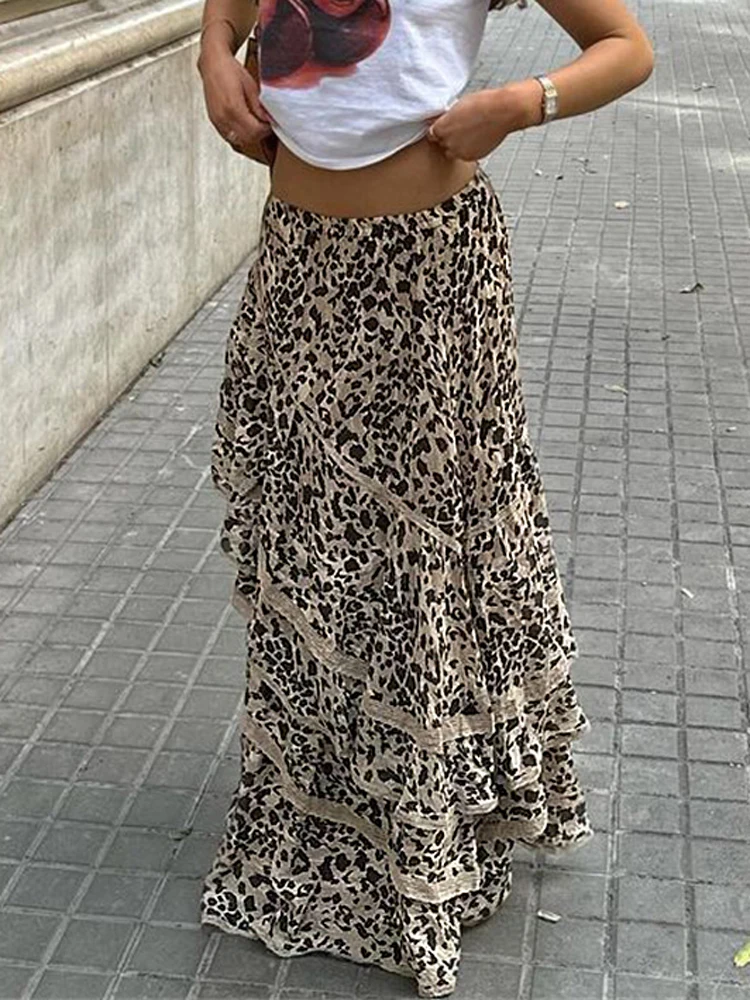 

Leopard Printed Maxi Skirt Female Ruffled Patchwork Fashion Summer 2024 High Waist Bandage Party Looks Women Long Skirt