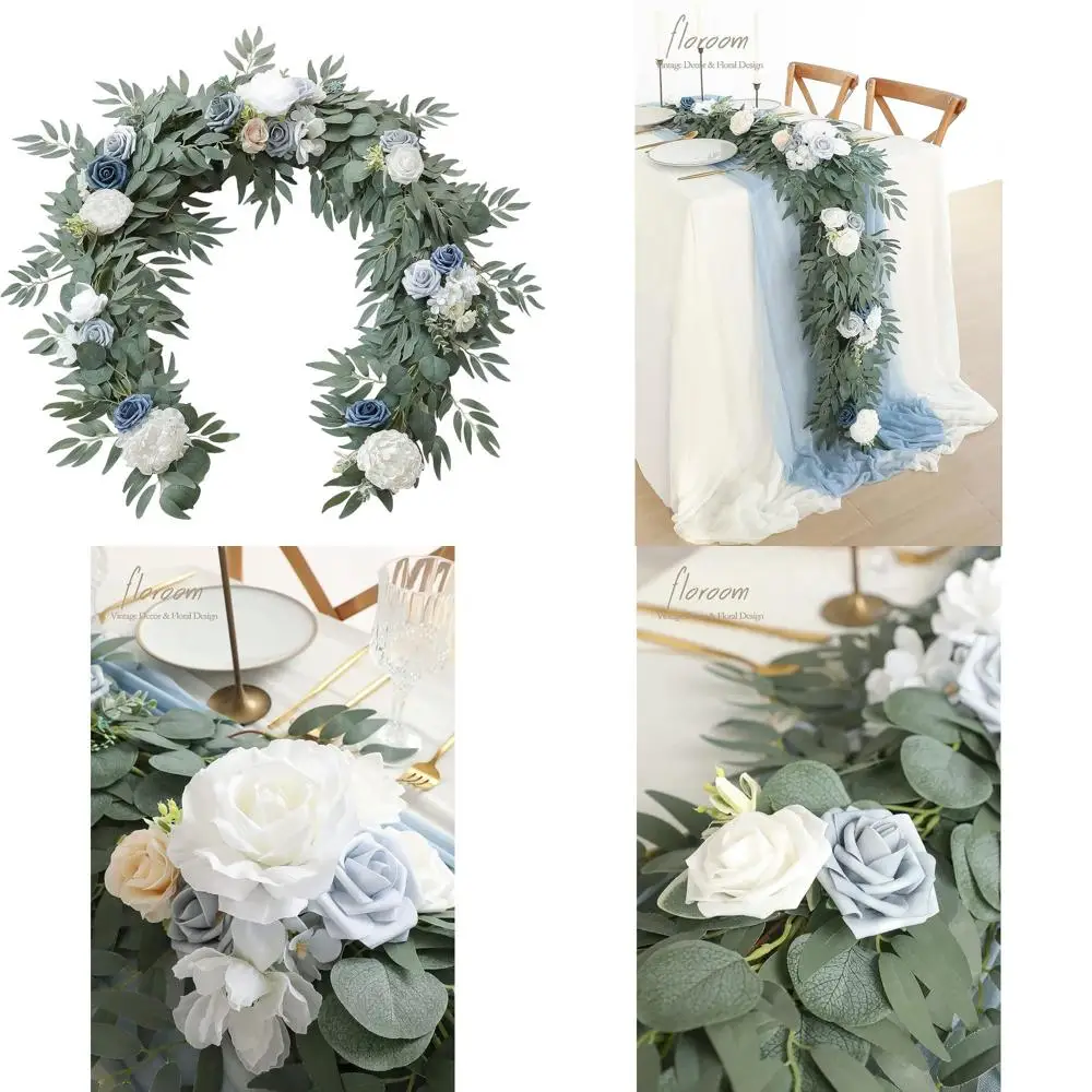 

6-футовая искусственная эвкалиптовая гирлянда пыльно-синего цвета с цветами для декора свадебного и праздничного стола