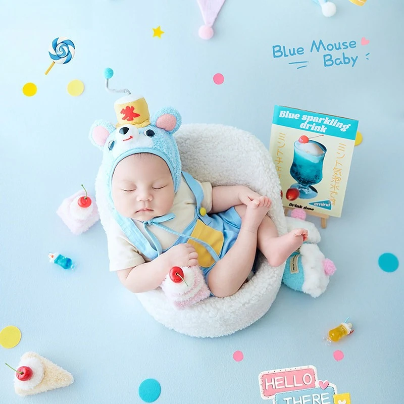 Newborn Photography Props Cute Funny Mouse Chef Theme Backdrop Outfit with Hat Cakes Mini Decors Accessories for Baby Photoshoot