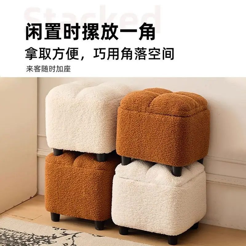 Stackable Square Boucle Stool Ottoman, Soft Teddy Fabric Padded Footrest, Extra Seat For Living Room Entryway Home