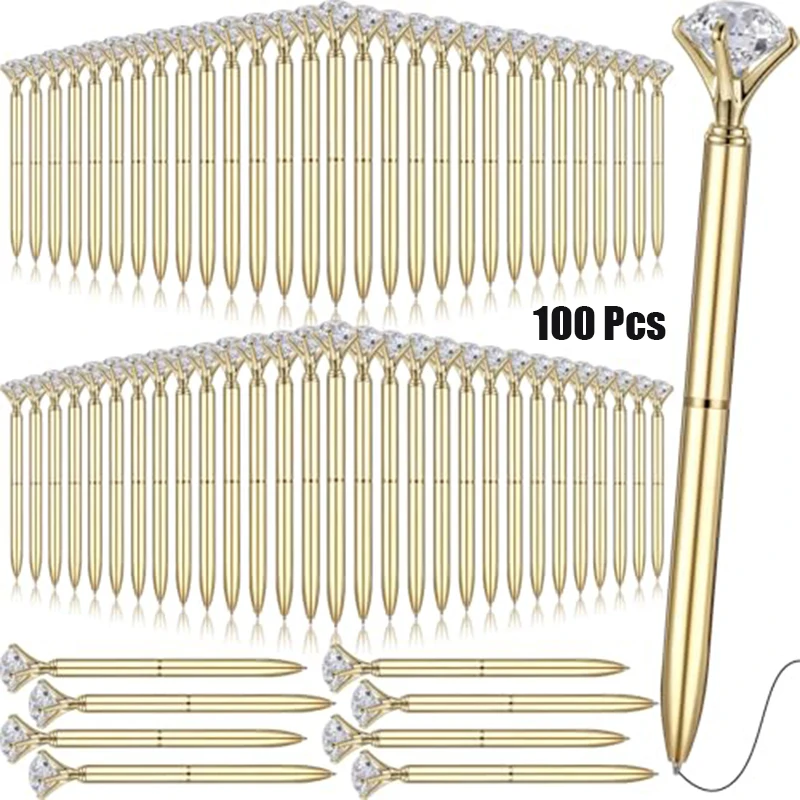 100Pcs Shiny Crystal Diamond Metal Pens, Golden Twist Retractable Ballpoint Pens, Smooth Writing Pens for Wedding Favors