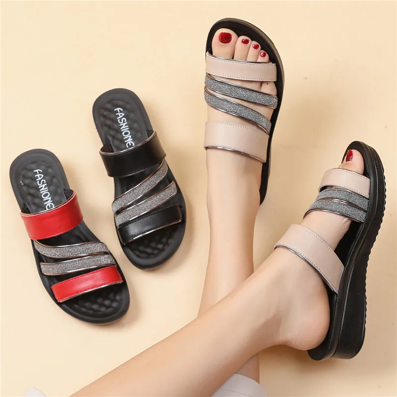 Shoes Woman Summer Sandals Women Leather Flat Comfortable Footwear Beach Slippers Women\'s Wedge Shoes 2022 Mother Shoes