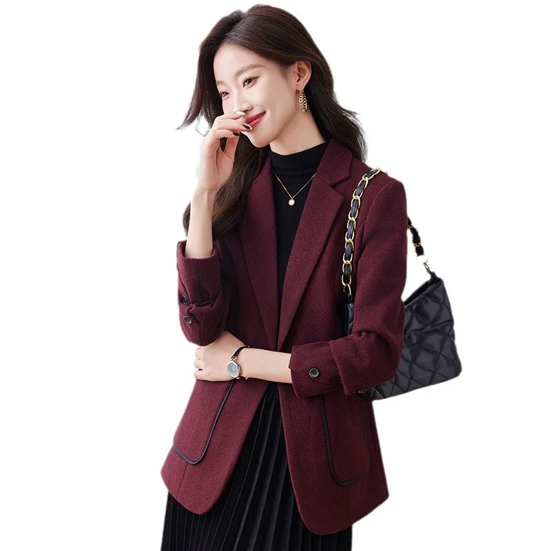 2025 Autunno Inverno Donna Giacca da abito rosso vino Giacca da donna Giacca da donna Manica lunga con bottone singolo Giacca formale Cappotto Capispalla femminile