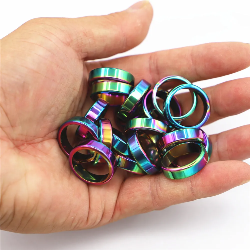 10pcs/ Lot 6mm Unisex Hematite Rings Colorful Gallstone Couple Rainbow Non-magnetic Relieve Anxiety Jewelry Gift Size 16-23