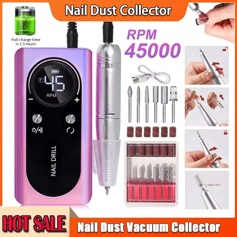 

Rechargeable Electric Nail Drill Kit 45000RPM Portable Nail Sander File for Gel Nails Manicure Salon Home Use Machine