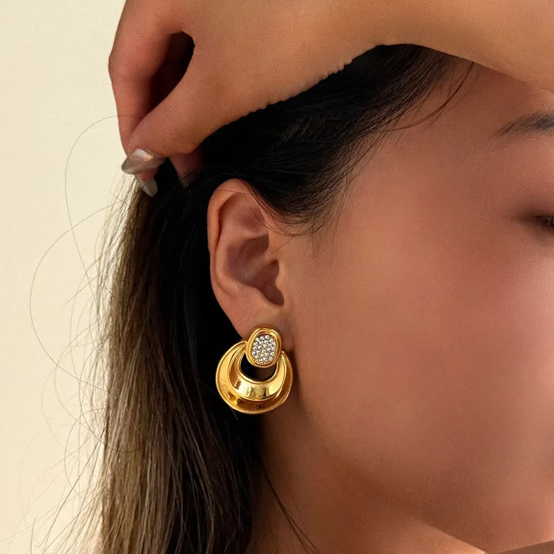 Cz stone pave door knocker dangle earrings stainless steel earrings for women statement chunky jewelry waterproof new in 2025