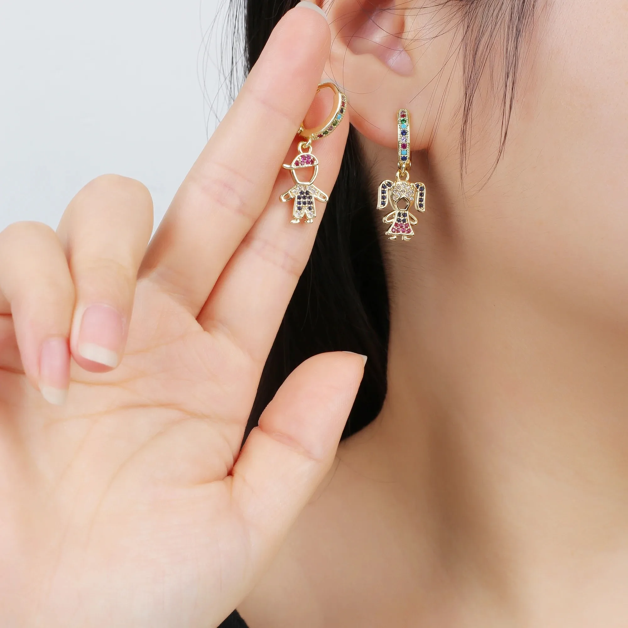 Shiny colorful style zirconia boys girls theme figure earrings Hip Hop women Daily party Crystal jewelry wholesale