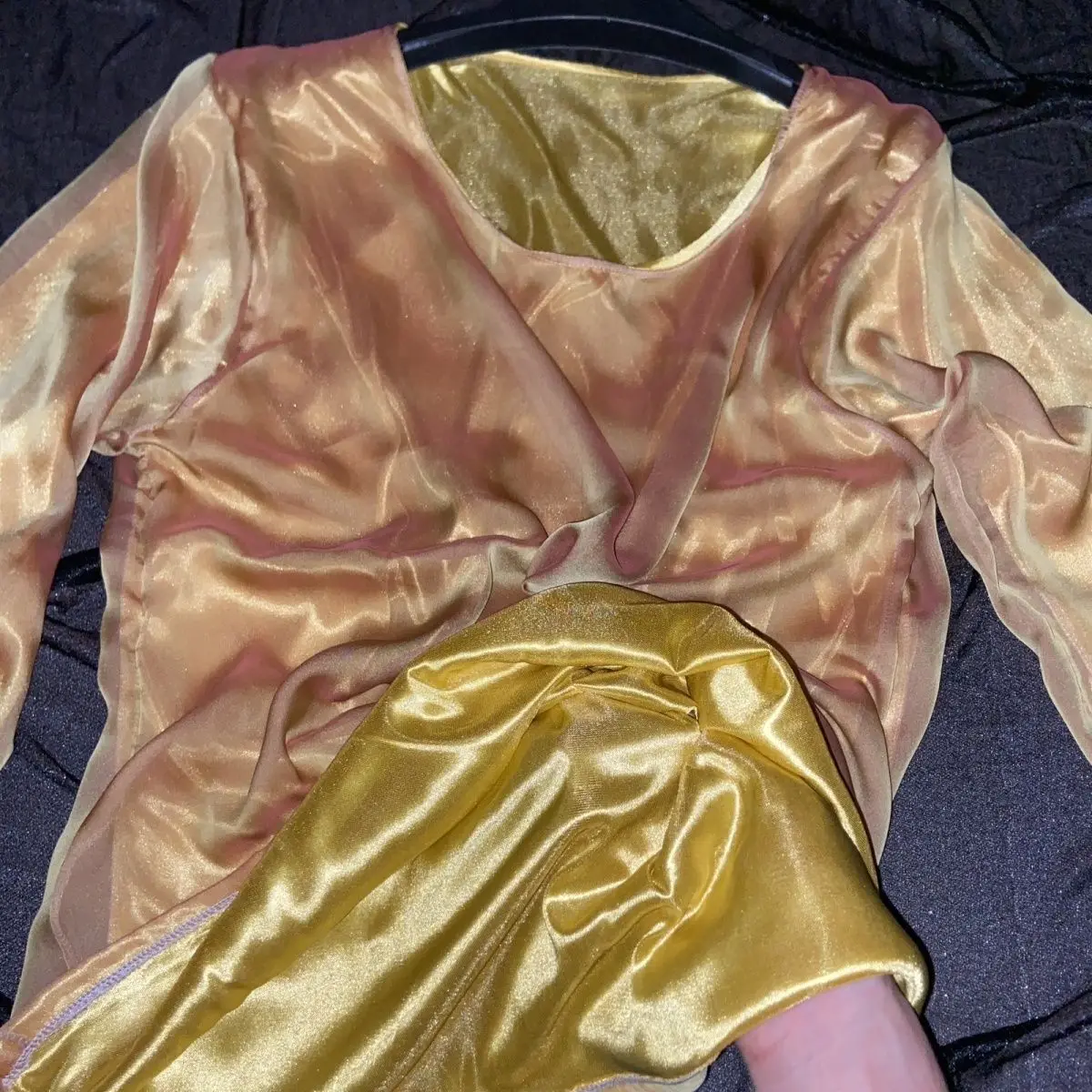 Gold voile outside ice silk inside glossy pajamas top Autumn winter plus size t shirt