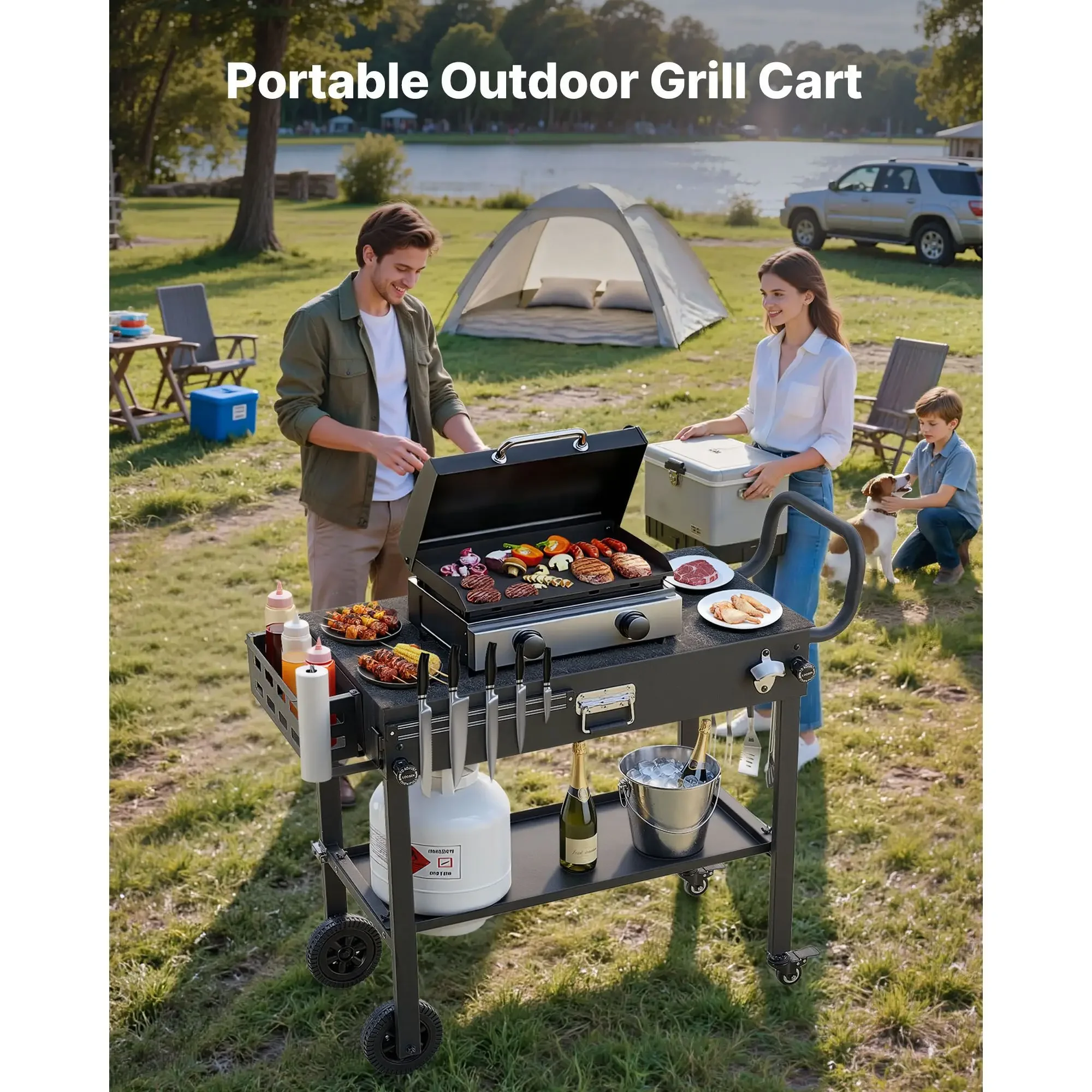 Outdoor Grill Cart, 31.0 X 17.0 inch Tabletop Size Grilling Table, Foldable Outdoor Cooking Table with Tissue Holder, Wheels