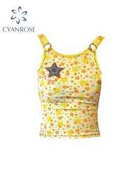 Women Yellow Graphic Print Crop Top with Star Vest 90s Aesthetic Corset Top Sleeveless Off Shoulder Y2k Tank Tops 2000s Clothes