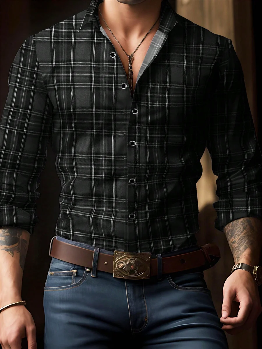 Men's Retro Red Plaid Long-Sleeved Shirt, Casual Lapel, Versatile and Trendy for Everyday Wear and Commuting, Sizes S-6XL.
