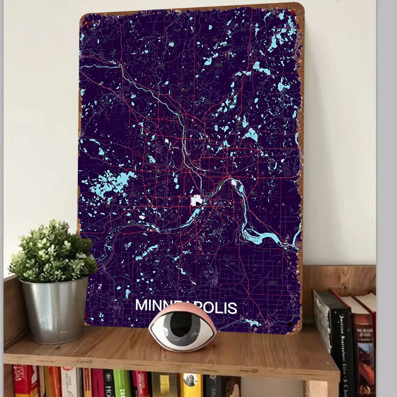 Minneapolis City Map Metal Wall Art Modern Urban Decor for Home Office Living Room Minimalist Design