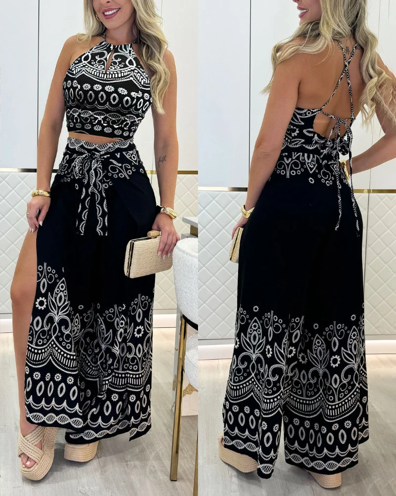 

2 Pieces Outfits Tribal Print Keyhole Neck Sleeveless Top and Wide Leg Tied Detail Slit Pants Sets
