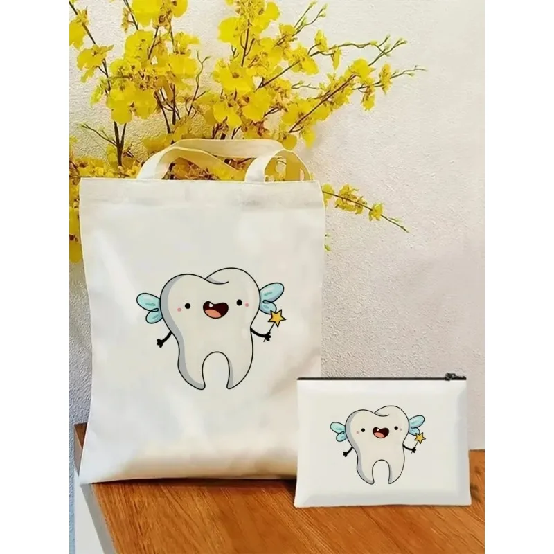 Aesthetic Funny Tooth Dentist Kawaii Tote Bag Set, Fashion Shoulder Bag for Women, Large Capacity Shopping Bag with Coin Purse