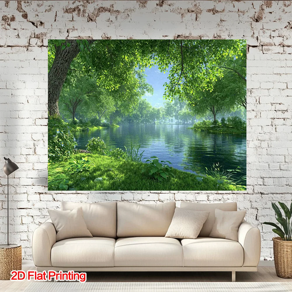 Large Decorative Nature Tapestry Wall Art Forest Landscape Green River Scenic Artwork Print for Living Room Boho Home Decor
