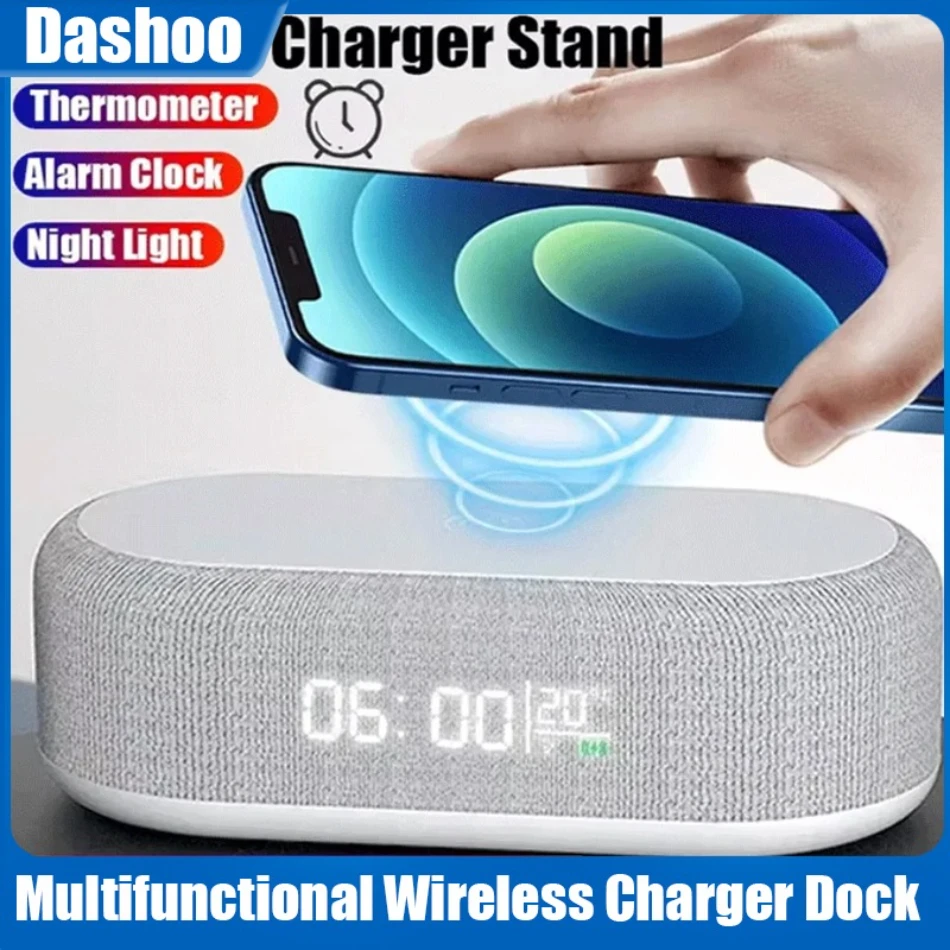 Multifunctional Wireless Charger Stand Night Light Desktop Alarm Clock Thermometer Phone Fast Charging Dock Station for iPhone