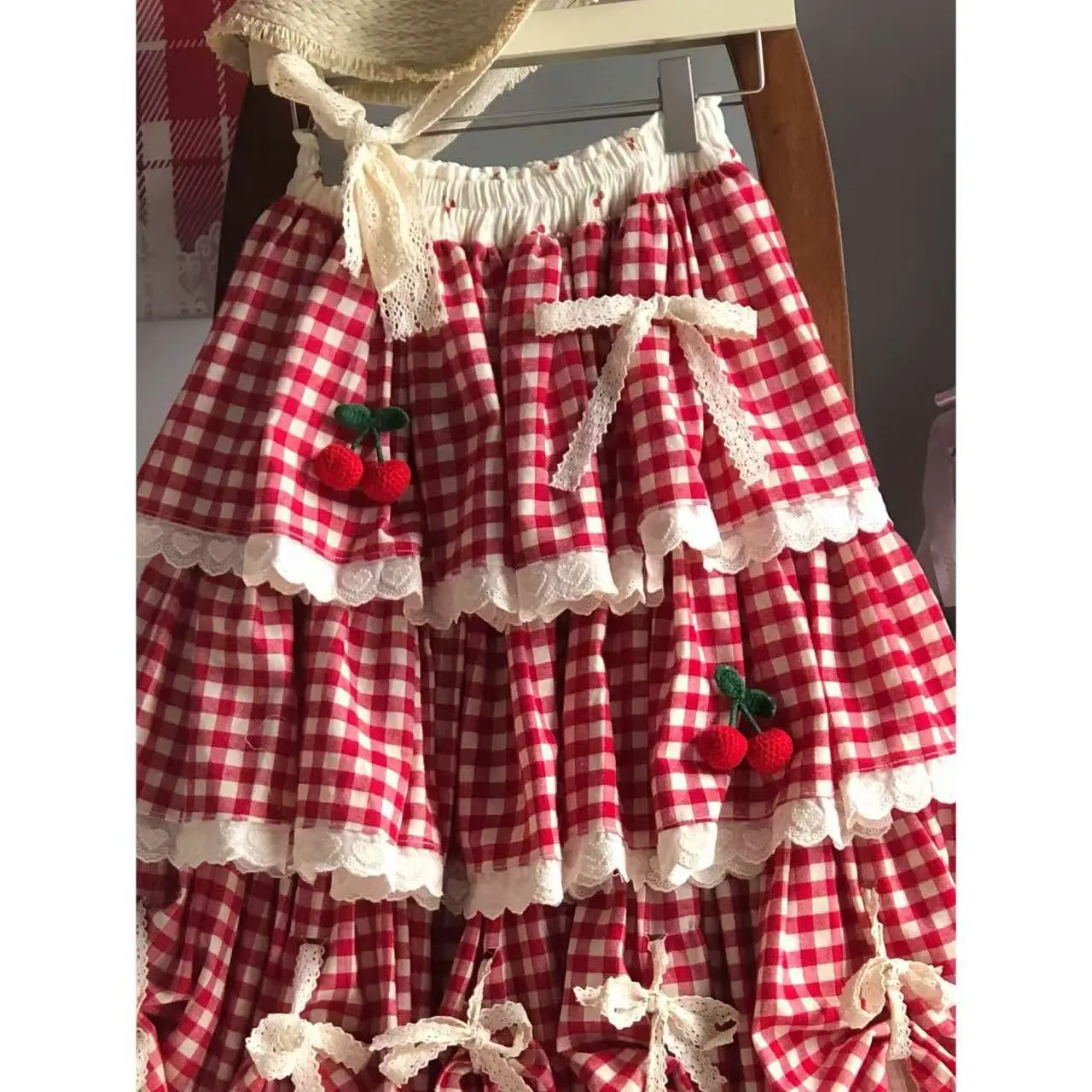 Women's new autumn and early winter red gingham cherry bow design spliced lace multi-layered lace cake dress