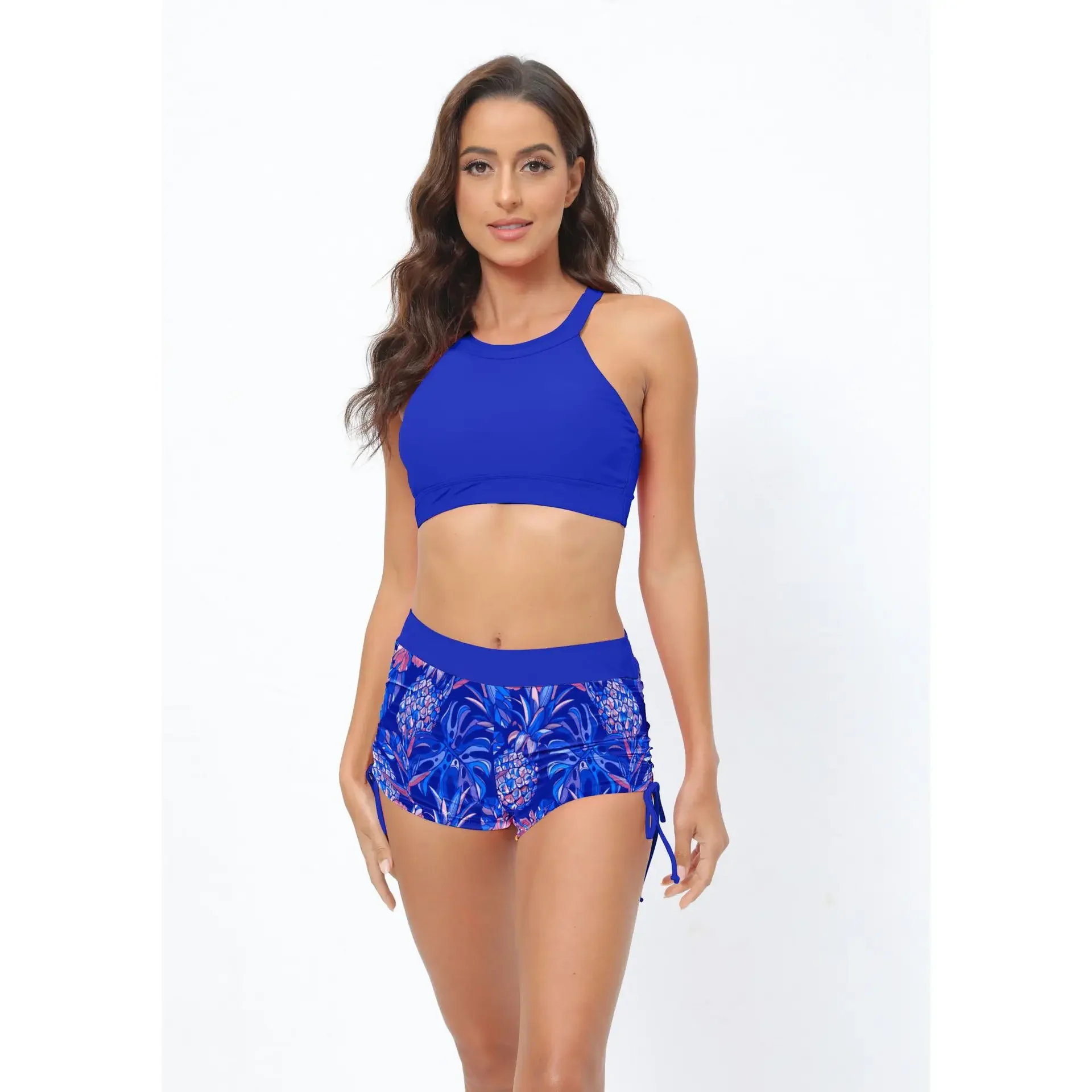 Traje de baño para mujer, conjunto de Bikini de dos piezas con cuello alto, ropa de playa Sexy de verano, traje de baño negro de cintura alta, pantalones cortos para mujer