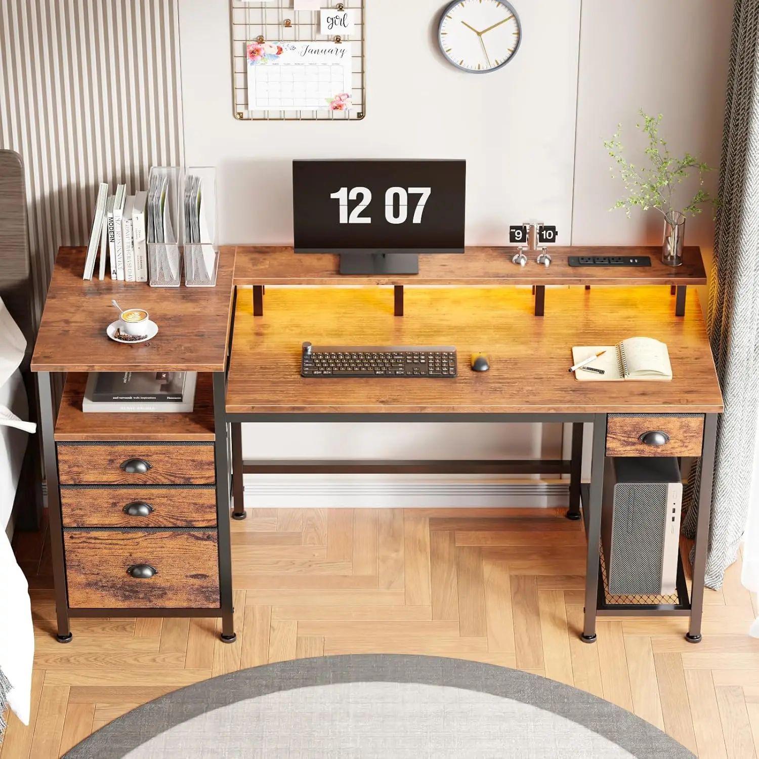 مكتب كمبيوتر Furologee 60 مع 4 أدراج ومساحة للطابعة، مكتب ألعاب مع أضواء LED ومنافذ طاقة USB، مكتب مع