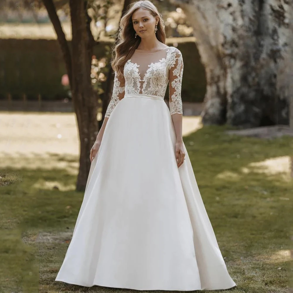 

Classic Scoop Three Quarter Wedding Dress Applique Illusion with Belt A-Line Floor Length Buttons Sweep Train Bridal Gowns