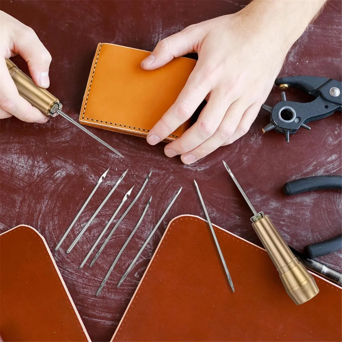 A79G 14 PCS Leather Sewing Awl Needle Set with Copper Handle, Leather Sewing Needle Awl for Leather Craft Sewing Tools