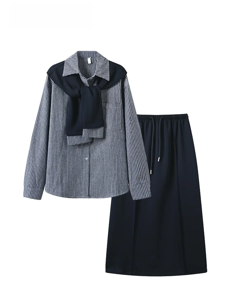 

Комплект из рубашки и юбки больших размеров для женщин: осенний модный ансамбль с длинным рукавом для пышных форм, юбка А-силуэта миди