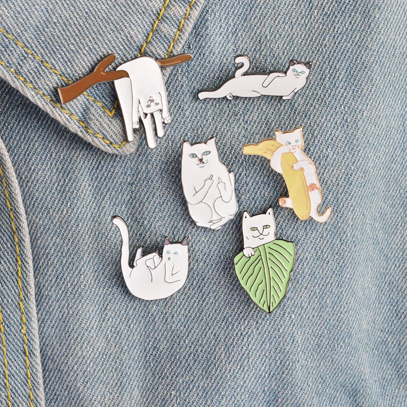 Cat Animals Pin Women Men Lapel Brooch Denim Jeans Badge Cartoon Jewelry Gifts Funny White Cats Enamel Pins Branch Leaf Banana