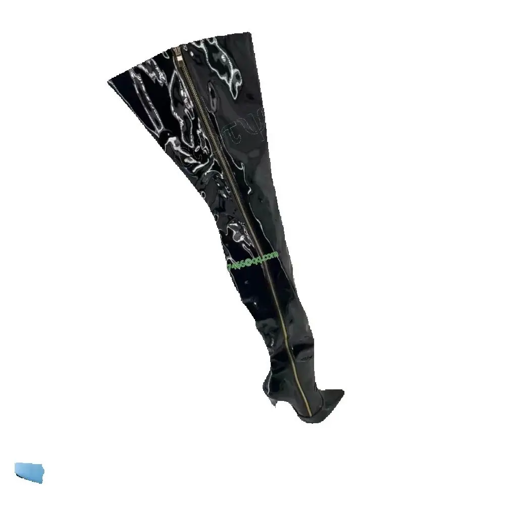 

Black Metal Heel Long Zipper Boots Patent Leather Thigh High Pointed Toe Shoes for Women High Heels Shoes Zapatos Para Mujere