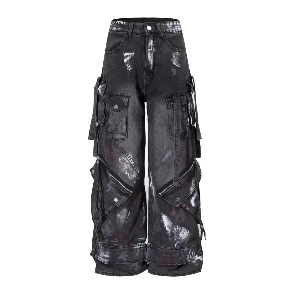 Heavy Industry Jeans Pants Gothic Multi-Pocket Washed Black Jeans 2000s Heavy Industry Drag Pants Street Hip Hop Wide Leg Pants
