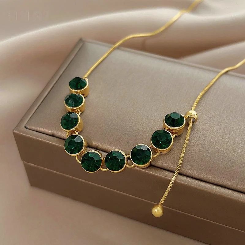 Korean Fashion All-match Fashion Green Zircon Necklace for Women Luxury High-end Collarbone Chain Adjustable Pendant Jewelry