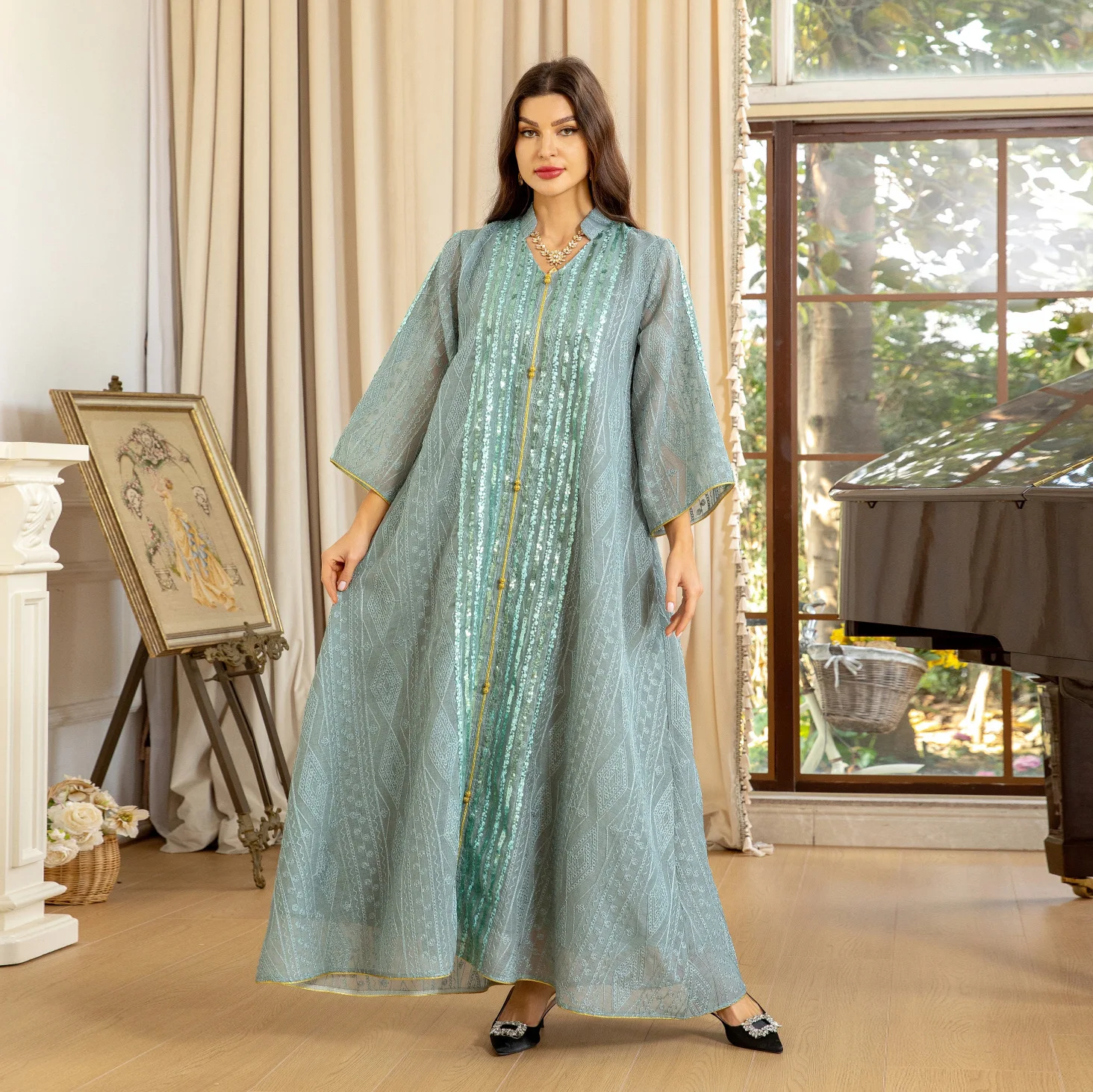 Luxury Blue White Abayas for Muslim Women Embroidered Evening Dress Sequins Ramadam Kimono Full Length Dresses Fashion Robe