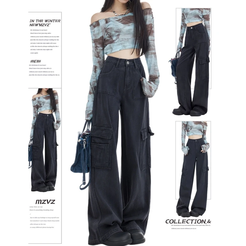 

Y2K Jeans Grey Work Pants Women's Jeans Europe and America Solid Straight Leg Pants Street Vintage Female Summer White Trousers