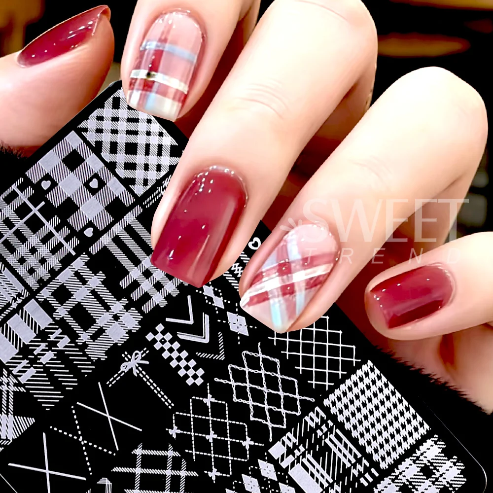 SWEET TREND-Elegant Grid Nail Stamping Plates 14.5X9.5cm Plaid Line Stripe Design DIY Printing Nail Art Plates  Manicure Tools